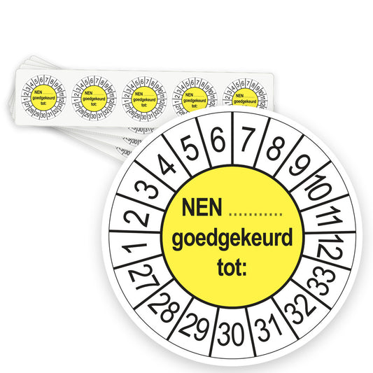 Keuringsstickers NEN (zelf in te vullen) Goedgekeurd tot 2027 | 50 stuks, Ø 35 mm | Geel - strook van 5 stickers