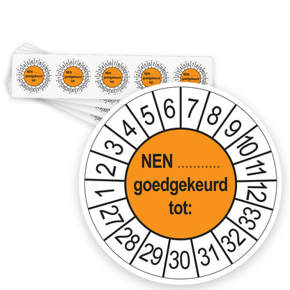 Keuringsstickers NEN (zelf in te vullen) Goedgekeurd tot 2027 | 50 stuks, Ø 35 mm | Oranje - strook van 5 stickers