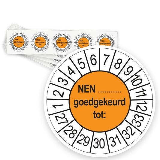 Keuringsstickers NEN (zelf in te vullen) Goedgekeurd tot 2027 | 50 stuks, Ø 35 mm | Oranje - strook van 5 stickers