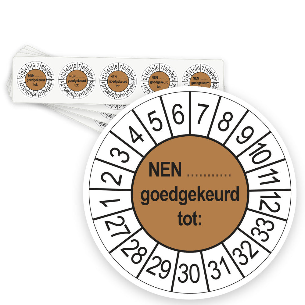 Keuringsstickers NEN (zelf in te vullen) Goedgekeurd tot 2027 | 50 stuks, Ø 35 mm | Bruin - strook van 5 stickers