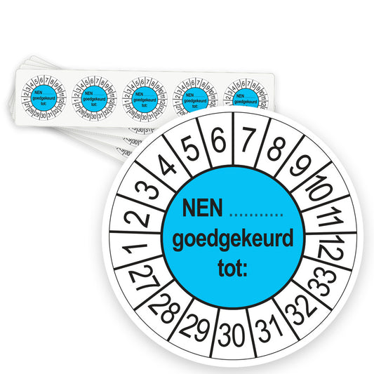 Keuringsstickers NEN (zelf in te vullen) Goedgekeurd tot 2027 | 50 stuks, Ø 35 mm | Blauw - strook van 5 stickers