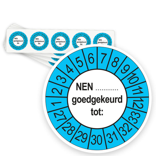 Keuringsstickers NEN (zelf in te vullen) Goedgekeurd tot 2027 | 50 stuks, Ø 35 mm | Buiten Blauw - strook van 5 stickers
