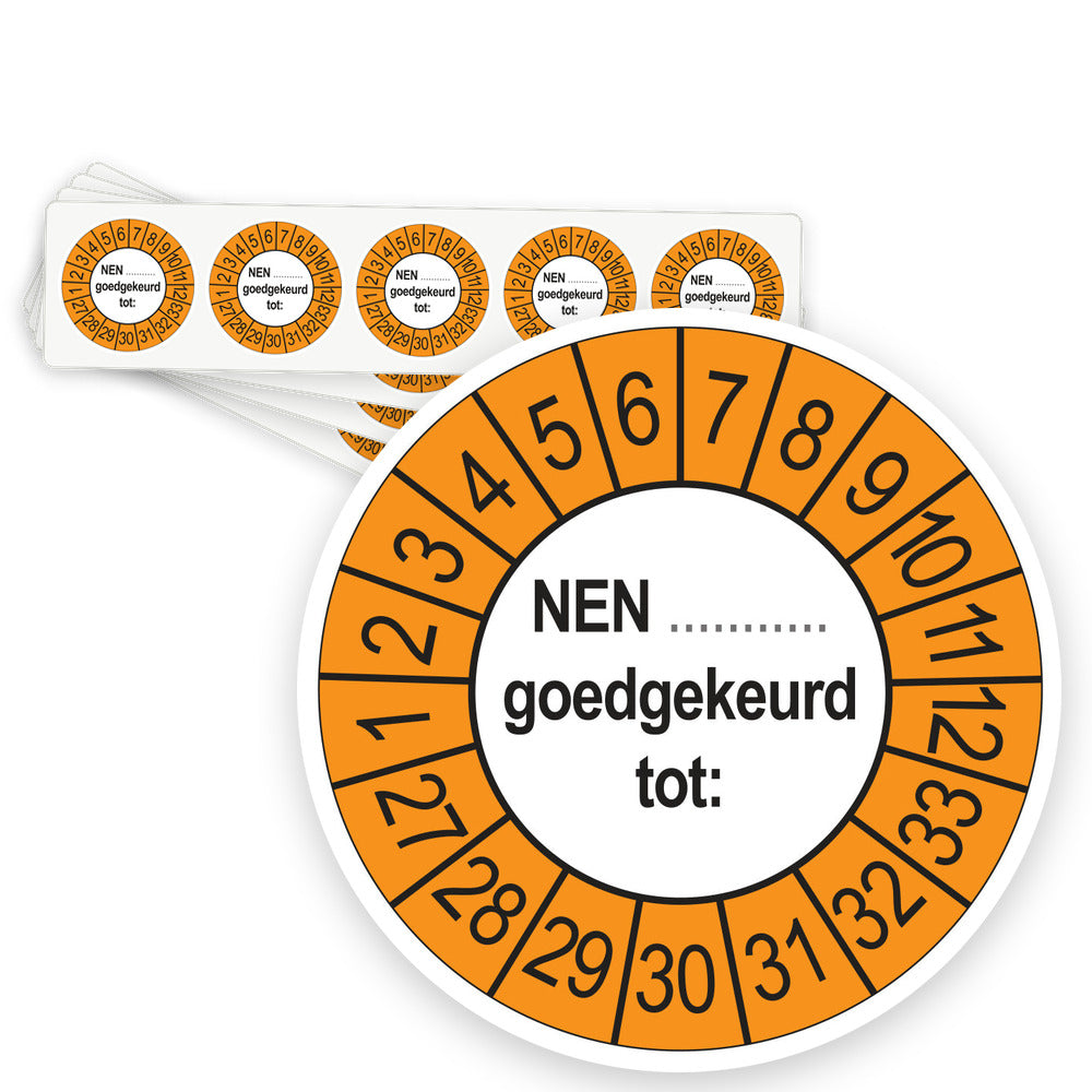 Keuringsstickers NEN (zelf in te vullen) Goedgekeurd tot 2027 | 50 stuks, Ø 35 mm | Buiten Oranje - strook van 5 stickers