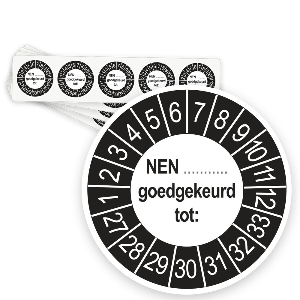 Keuringsstickers NEN (zelf in te vullen) Goedgekeurd tot 2027 | 50 stuks, Ø 35 mm | Buiten Zwart - strook van 5 stickers