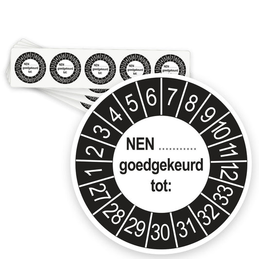 Keuringsstickers NEN (zelf in te vullen) Goedgekeurd tot 2027 | 50 stuks, Ø 35 mm | Buiten Zwart - strook van 5 stickers