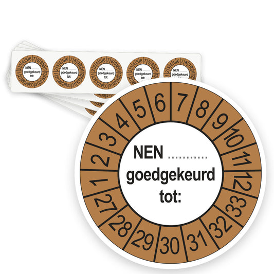 Keuringsstickers NEN (zelf in te vullen) Goedgekeurd tot 2027 | 50 stuks, Ø 35 mm | Buiten Bruin - strook van 5 stickers
