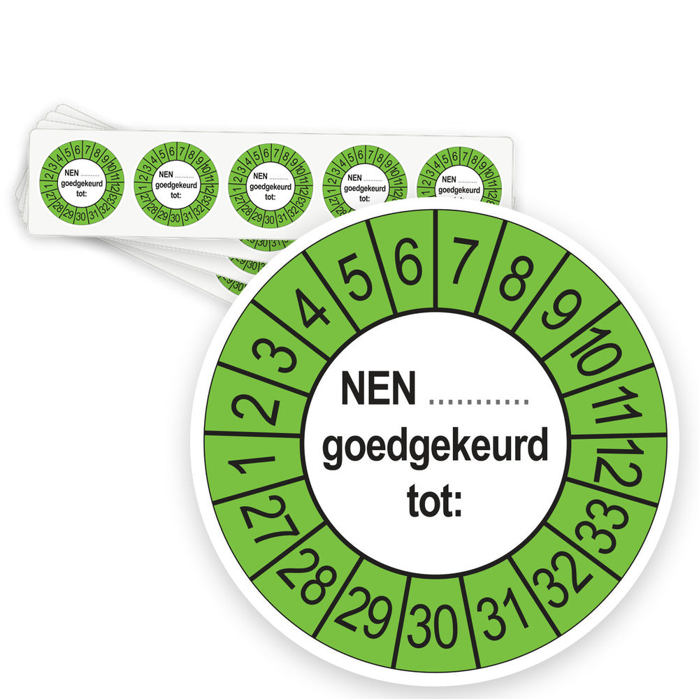Keuringsstickers NEN (zelf in te vullen) Goedgekeurd tot 2027 | 50 stuks, Ø 35 mm | Buiten Groen - strook van 5 stickers