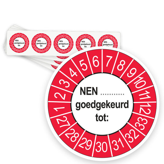 Keuringsstickers NEN (zelf in te vullen) Goedgekeurd tot 2027 | 50 stuks, Ø 35 mm | Buiten Rood - strook van 5 stickers