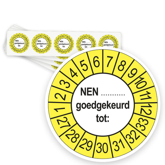 Keuringsstickers NEN (zelf in te vullen) Goedgekeurd tot 2027 | 50 stuks, Ø 35 mm | Buiten Geel - strook van 5 stickers