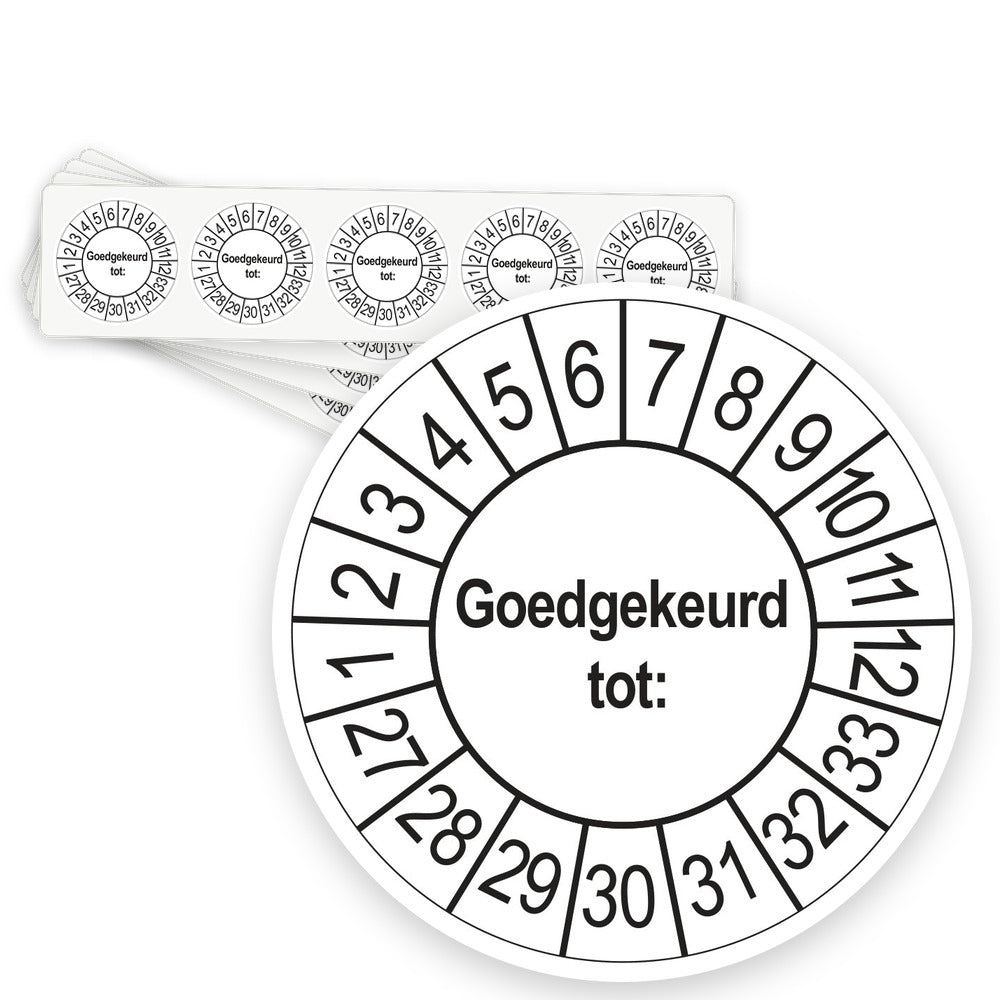 Keuringsstickers Goedgekeurd tot 2027 | 50 stuks, Ø 35 mm | Wit - strook van 5 stickers