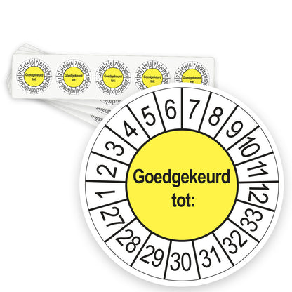 Keuringsstickers Goedgekeurd tot 2027 | 50 stuks, Ø 35 mm | Geel - strook van 5 stickers