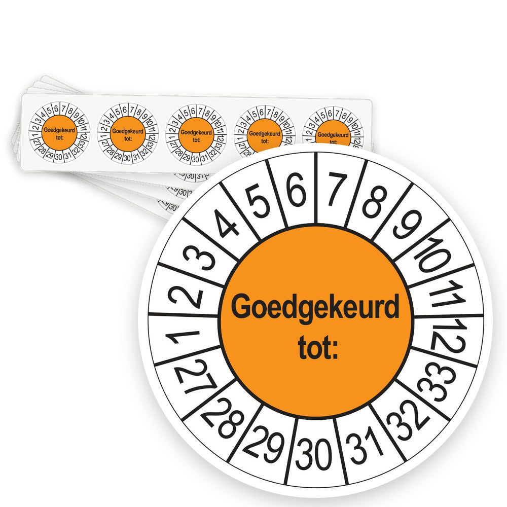 Keuringsstickers Goedgekeurd tot 2027 | 50 stuks, Ø 35 mm | Oranje - strook van 5 stickers