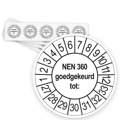 Keuringsstickers NEN 360 Goedgekeurd tot 2027 | 50 stuks, Ø 35 mm | Wit - strook van 5 stickers