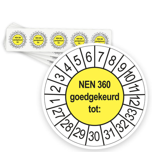 Keuringsstickers NEN 360 Goedgekeurd tot 2027 | 50 stuks, Ø 35 mm | Geel - strook van 5 stickers
