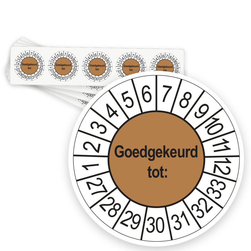 Keuringsstickers Goedgekeurd tot 2027 | 50 stuks, Ø 35 mm | Bruin - strook van 5 stickers