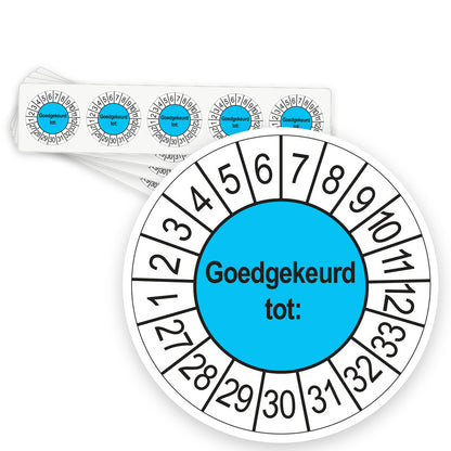 Keuringsstickers Goedgekeurd tot 2027 | 50 stuks, Ø 35 mm | Blauw - strook van 5 stickers