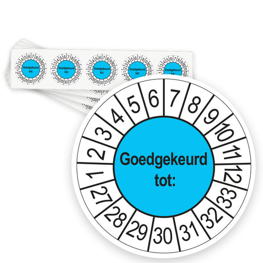 Keuringsstickers Goedgekeurd tot 2027 | 50 stuks, Ø 35 mm | Blauw - strook van 5 stickers