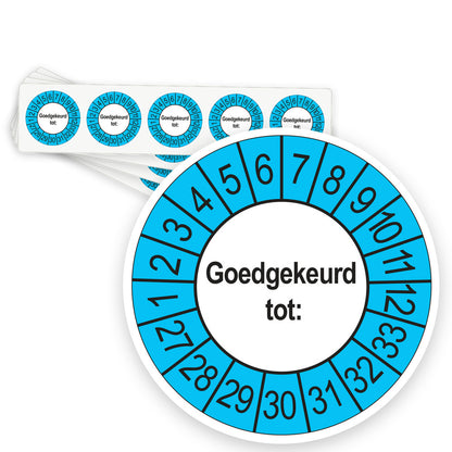 Keuringsstickers Goedgekeurd tot 2027 | 50 stuks, Ø 35 mm | Buiten Blauw - strook van 5 stickers