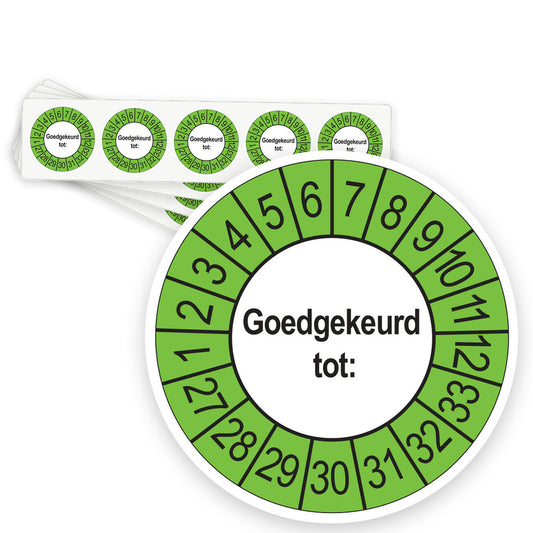 Keuringsstickers Goedgekeurd tot 2027 | 50 stuks, Ø 35 mm | Buiten Groen - strook van 5 stickers