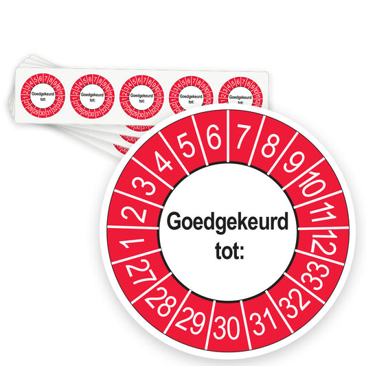 Keuringsstickers Goedgekeurd tot 2027 | 50 stuks, Ø 35 mm | Buiten Rood - strook van 5 stickers