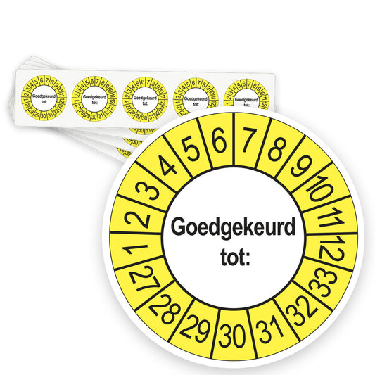 Keuringsstickers Goedgekeurd tot 2027 | 50 stuks, Ø 35 mm | Buiten Geel - strook van 5 stickers