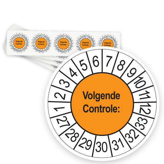 Keuringsstickers Volgende Controle 2027 | 50 stuks, Ø 35 mm | Oranje - strook van 5 stickers