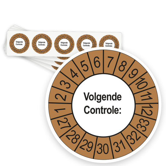 Keuringsstickers Volgende Controle 2027 | 50 stuks, Ø 35 mm | Buiten Bruin - strook van 5 stickers