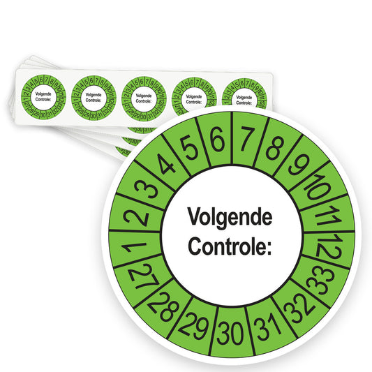 Keuringsstickers Volgende Controle 2027 | 50 stuks, Ø 35 mm | Buiten Groen - strook van 5 stickers