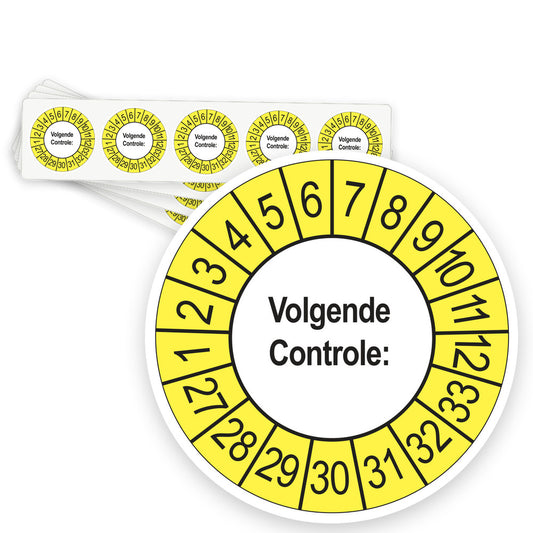 Keuringsstickers Volgende Controle 2027 | 50 stuks, Ø 35 mm | Buiten Geel - strook van 5 stickers
