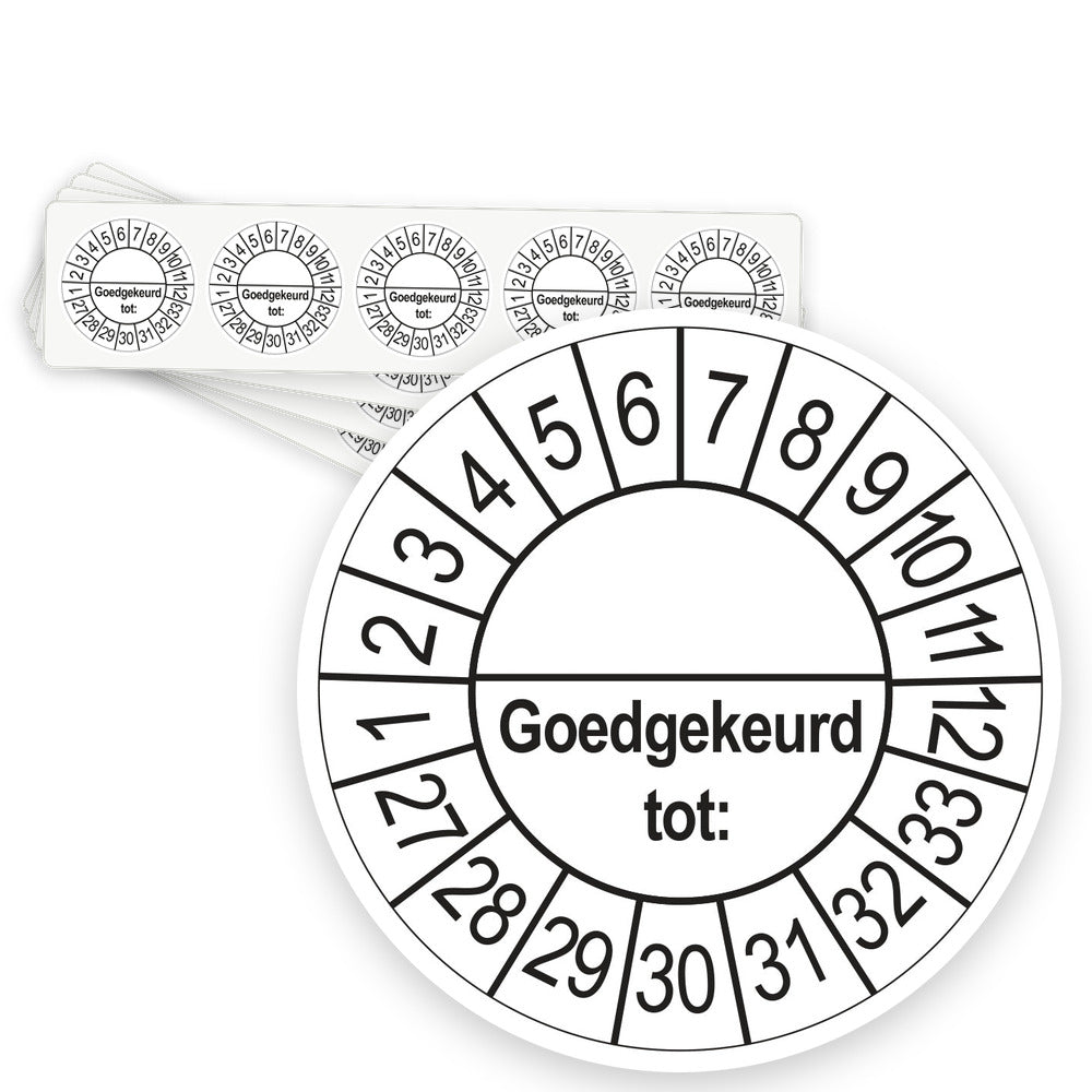 Keuringsstickers Goedgekeurd tot (met scheidingsstreep) 2027 | 50 stuks, Ø 35 mm | Wit - strook van 5 stickers