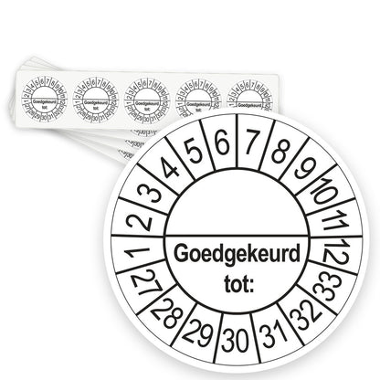 Keuringsstickers Goedgekeurd tot (met scheidingsstreep) 2027 | 50 stuks, Ø 35 mm | Wit - strook van 5 stickers