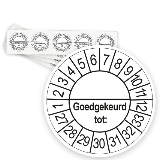 Keuringsstickers Goedgekeurd tot (met scheidingsstreep) 2027 | 50 stuks, Ø 35 mm | Wit - strook van 5 stickers