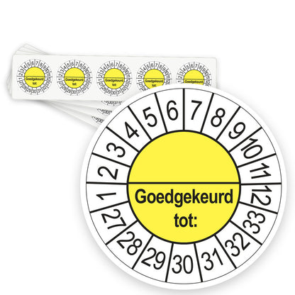 Keuringsstickers Goedgekeurd tot (met scheidingsstreep) 2027 | 50 stuks, Ø 35 mm | Geel - strook van 5 stickers