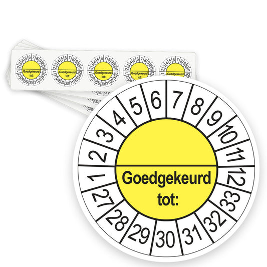 Keuringsstickers Goedgekeurd tot (met scheidingsstreep) 2027 | 50 stuks, Ø 35 mm | Geel - strook van 5 stickers