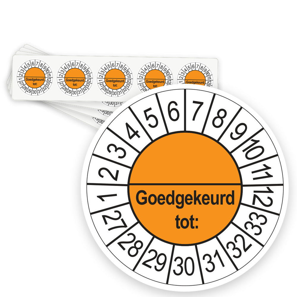 Keuringsstickers Goedgekeurd tot (met scheidingsstreep) 2027 | 50 stuks, Ø 35 mm | Oranje - strook van 5 stickers