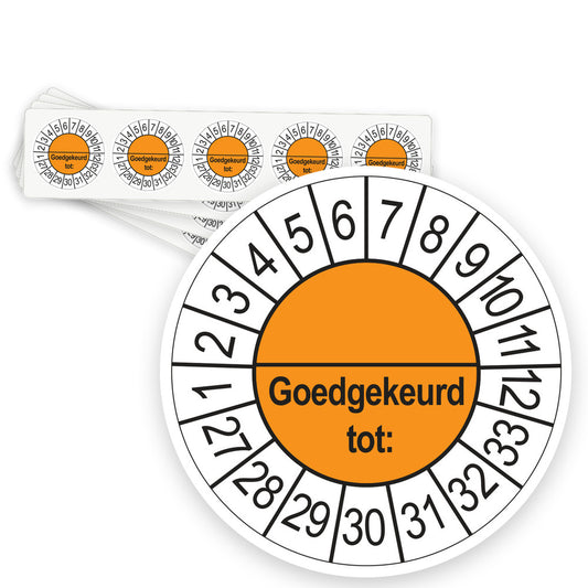 Keuringsstickers Goedgekeurd tot (met scheidingsstreep) 2027 | 50 stuks, Ø 35 mm | Oranje - strook van 5 stickers