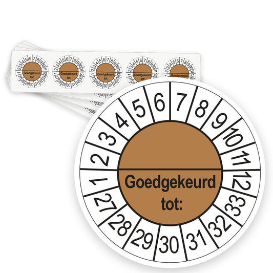 Keuringsstickers Goedgekeurd tot (met scheidingsstreep) 2027 | 50 stuks, Ø 35 mm | Bruin - strook van 5 stickers