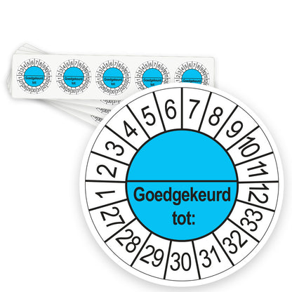 Keuringsstickers Goedgekeurd tot (met scheidingsstreep) 2027 | 50 stuks, Ø 35 mm | Blauw - strook van 5 stickers