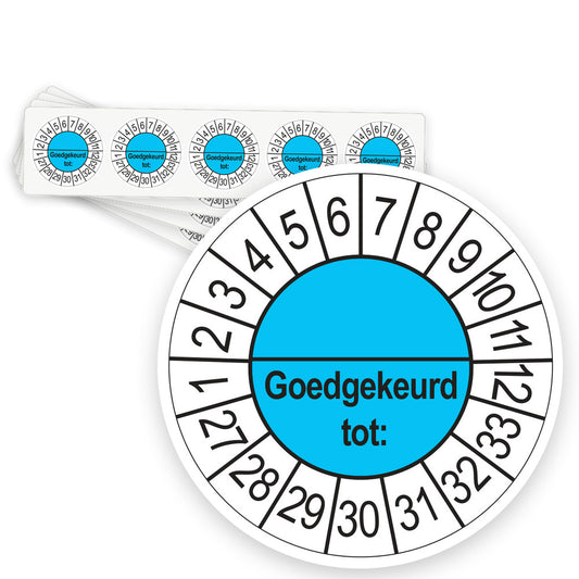 Keuringsstickers Goedgekeurd tot (met scheidingsstreep) 2027 | 50 stuks, Ø 35 mm | Blauw - strook van 5 stickers
