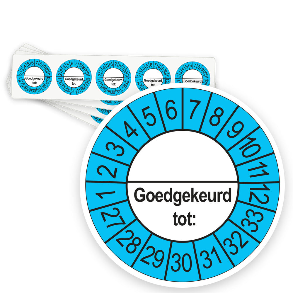 Keuringsstickers Goedgekeurd tot (met scheidingsstreep) 2027 | 50 stuks, Ø 35 mm | Buiten Blauw - strook van 5 stickers