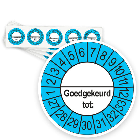 Keuringsstickers Goedgekeurd tot (met scheidingsstreep) 2027 | 50 stuks, Ø 35 mm | Buiten Blauw - strook van 5 stickers