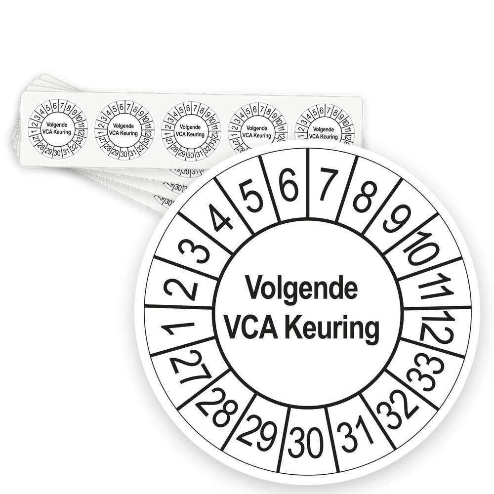 Keuringsstickers Volgende VCA Keuring 2027 | 50 stuks, Ø 35 mm | Wit - strook van 5 stickers