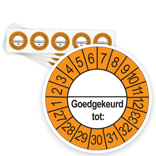 Keuringsstickers Goedgekeurd tot (met scheidingsstreep) 2027 | 50 stuks, Ø 35 mm | Buiten Oranje - strook van 5 stickers