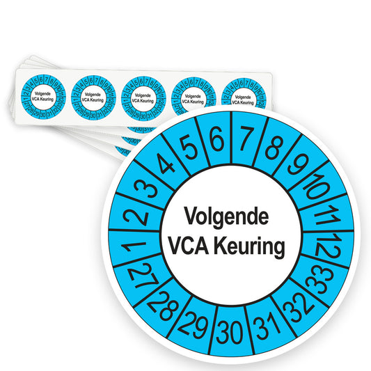 Keuringsstickers Volgende VCA Keuring 2027 | 50 stuks, Ø 35 mm | Buiten Blauw - strook van 5 stickers