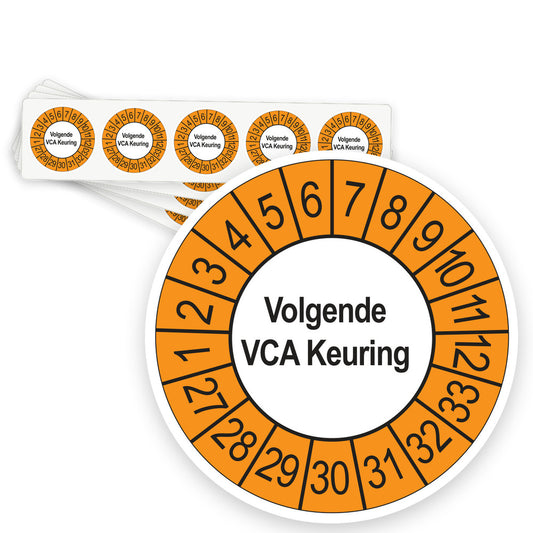 Keuringsstickers Volgende VCA Keuring 2027 | 50 stuks, Ø 35 mm | Buiten Oranje - strook van 5 stickers