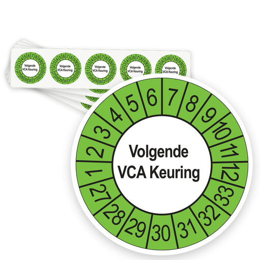 Keuringsstickers Volgende VCA Keuring 2027 | 50 stuks, Ø 35 mm | Buiten Groen - strook van 5 stickers