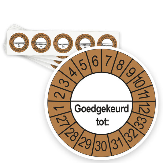 Keuringsstickers Goedgekeurd tot (met scheidingsstreep) 2027 | 50 stuks, Ø 35 mm | Buiten Bruin - strook van 5 stickers