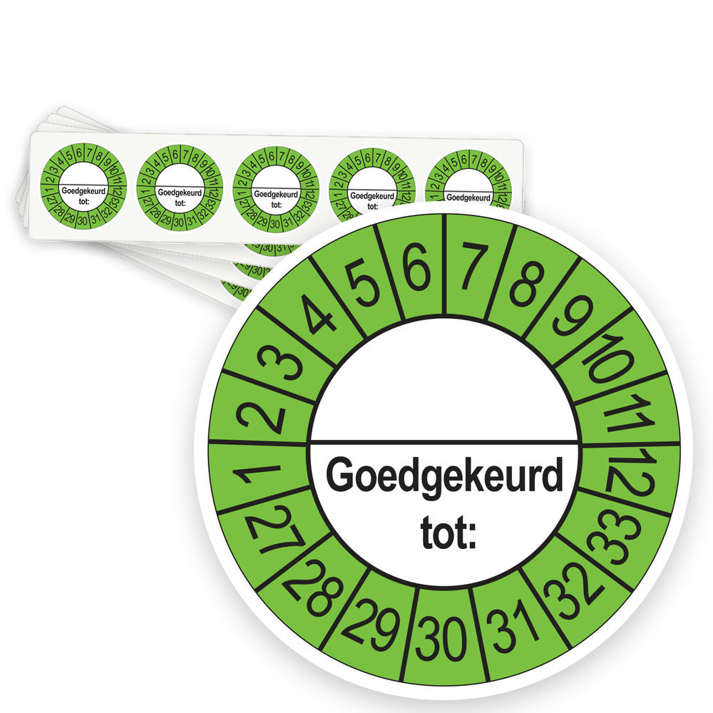 Keuringsstickers Goedgekeurd tot (met scheidingsstreep) 2027 | 50 stuks, Ø 35 mm | Buiten Groen - strook van 5 stickers