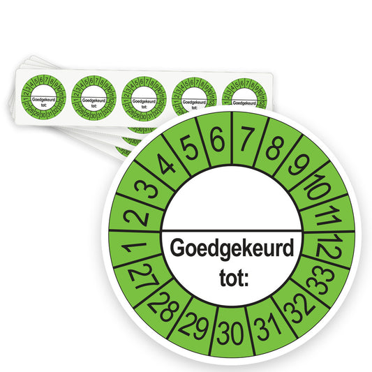 Keuringsstickers Goedgekeurd tot (met scheidingsstreep) 2027 | 50 stuks, Ø 35 mm | Buiten Groen - strook van 5 stickers