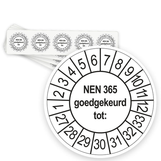 Keuringsstickers NEN 365 Goedgekeurd tot 2027 | 50 stuks, Ø 35 mm | Wit - strook van 5 stickers